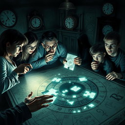 A gripping scene depicting a 'time game' immersed in mystery and horror, featuring four distinct characters engaged in a complex time puzzle