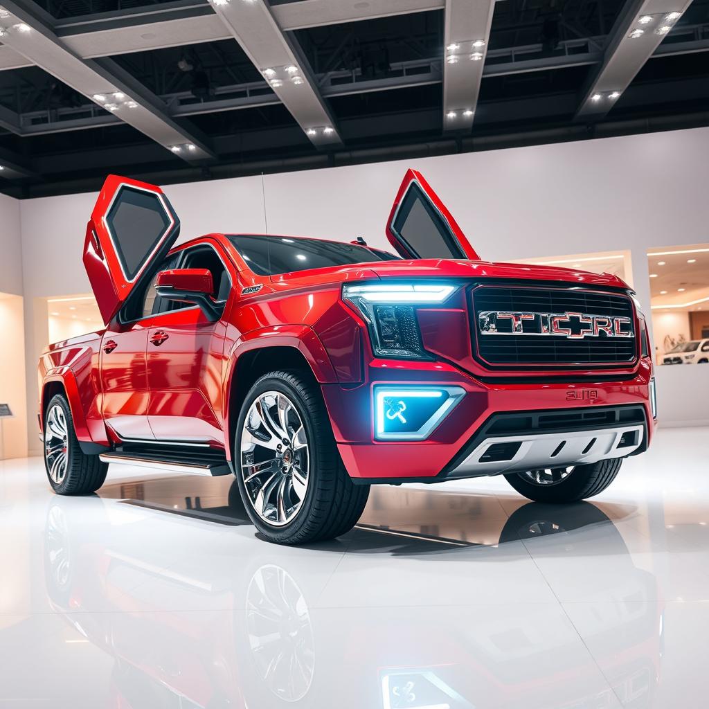 A futuristic red pickup truck with a bold and aggressive design, showcasing sharp aerodynamic lines and eye-catching scissor-style vertical doors