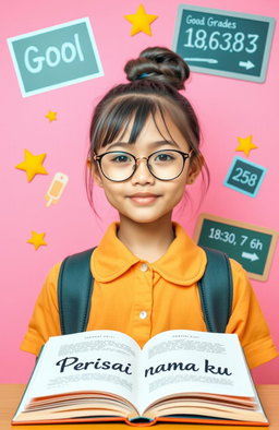 A beautiful school girl with a bun hairstyle, wearing thin oval frame glasses, has light skin