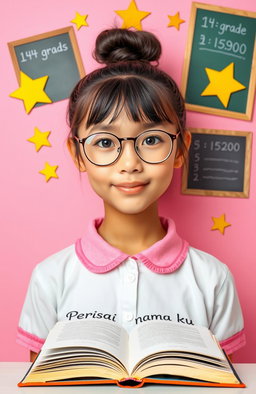 A beautiful school girl with a bun hairstyle, wearing thin oval frame glasses, has light skin