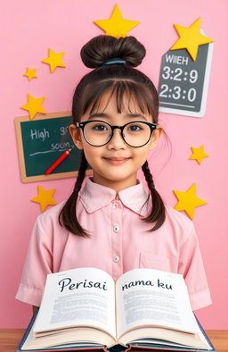 A beautiful school girl with a bun hairstyle, wearing thin oval frame glasses, has light skin