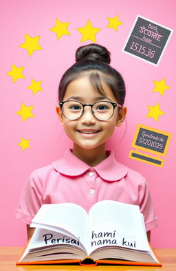 A beautiful school girl with a bun hairstyle, wearing thin oval frame glasses, has light skin