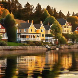 Generate a high resolution image of a picturesque summer sunset in a serene coastal town, with Victorian-style houses lining the streets and verdant trees reflecting the golden hues of the setting sun.