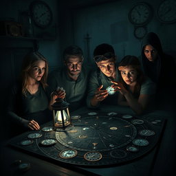 A thrilling and ominous scene set in a dimly-lit room portraying a 'time game' filled with mystery and horror, featuring four distinct characters intensely engaged in a complex time puzzle
