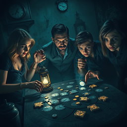 A thrilling and ominous scene set in a dimly-lit room portraying a 'time game' filled with mystery and horror, featuring four distinct characters intensely engaged in a complex time puzzle
