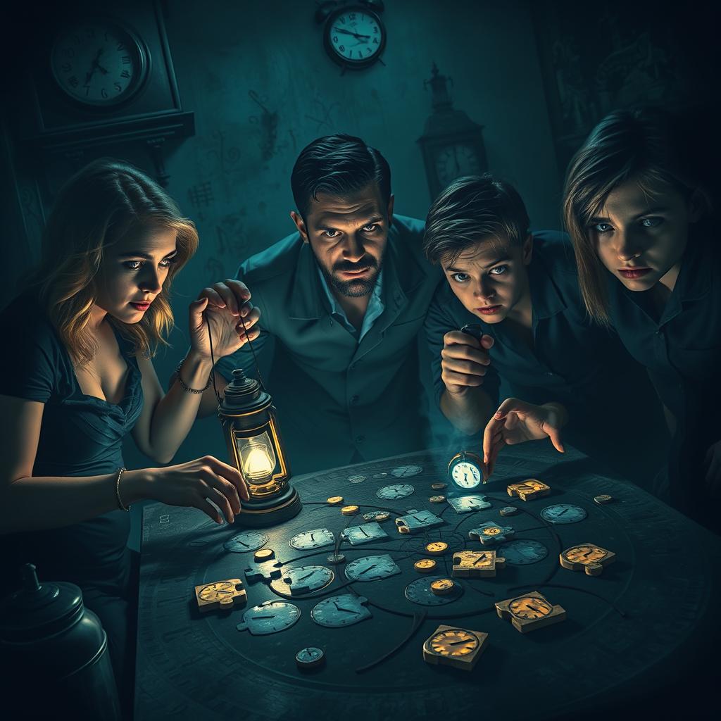 A thrilling and ominous scene set in a dimly-lit room portraying a 'time game' filled with mystery and horror, featuring four distinct characters intensely engaged in a complex time puzzle