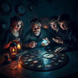 A thrilling and ominous scene set in a dimly-lit room portraying a 'time game' filled with mystery and horror, featuring four distinct characters intensely engaged in a complex time puzzle