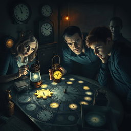 A thrilling and ominous scene set in a dimly-lit room portraying a 'time game' filled with mystery and horror, featuring four distinct characters intensely engaged in a complex time puzzle