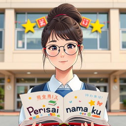 A beautiful school girl with a bun hairstyle, wearing thin oval frame glasses and having light skin