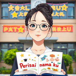 A beautiful school girl with a bun hairstyle, wearing thin oval frame glasses and having light skin