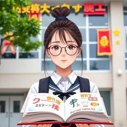 A beautiful school girl with a bun hairstyle, wearing thin oval frame glasses and having light skin