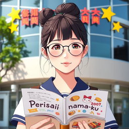 A beautiful school girl with a bun hairstyle, wearing thin oval frame glasses and having light skin