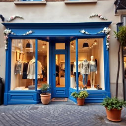 A charming view of a boutique store with large, beautiful blue windows displaying elegant clothing and accessories