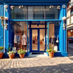 A charming view of a boutique store with large, beautiful blue windows displaying elegant clothing and accessories
