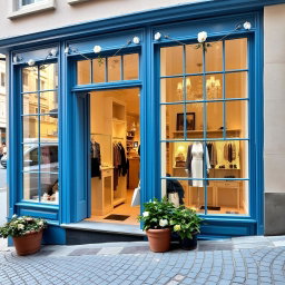 A charming view of a boutique store with large, beautiful blue windows displaying elegant clothing and accessories