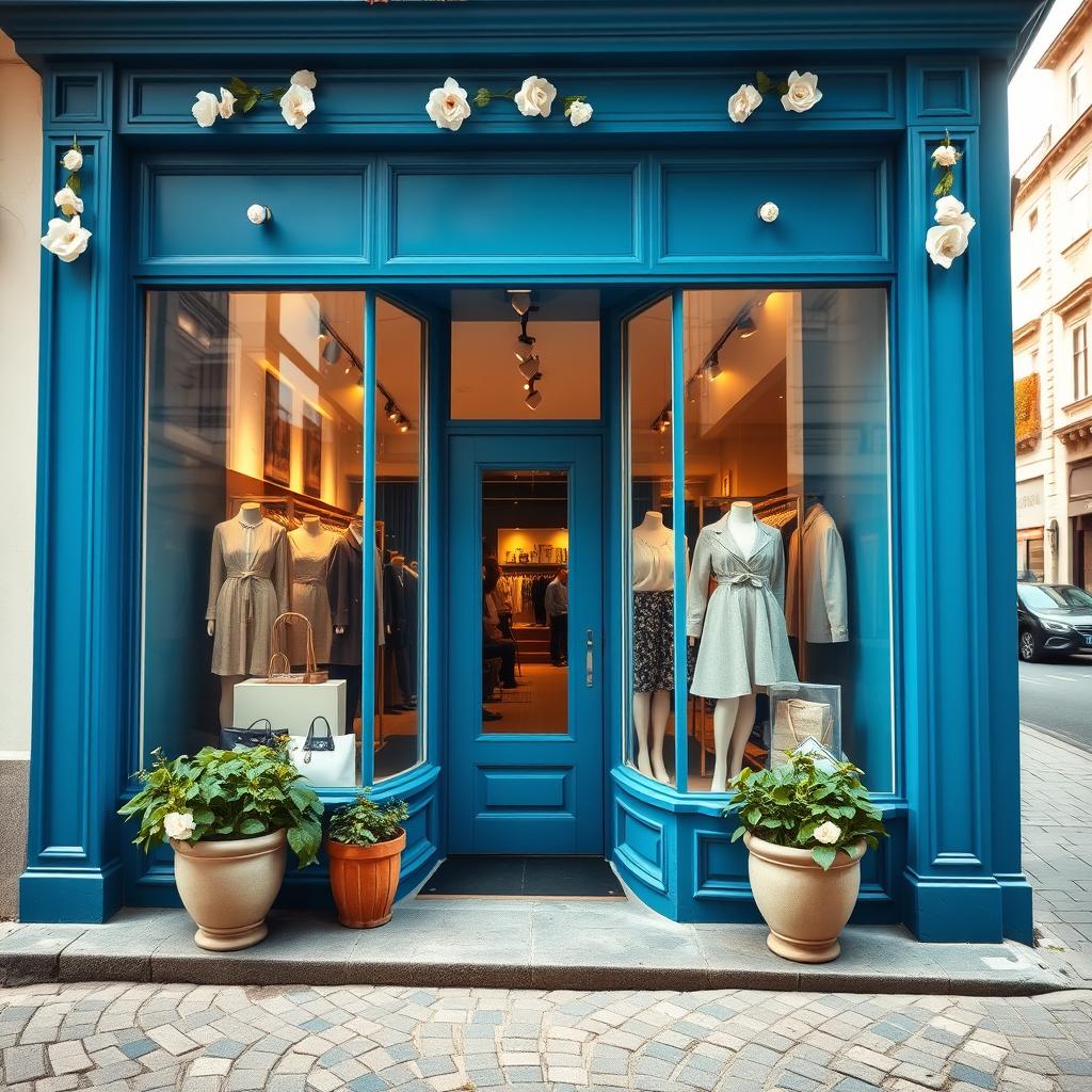 A charming view of a boutique store with large, beautiful blue windows displaying elegant clothing and accessories