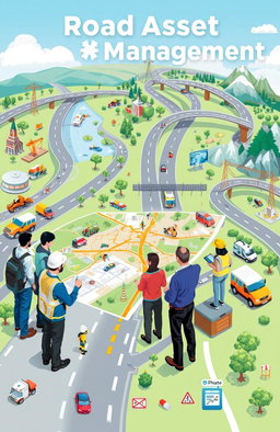 An informative and engaging illustration that captures the concept of 'road asset management'