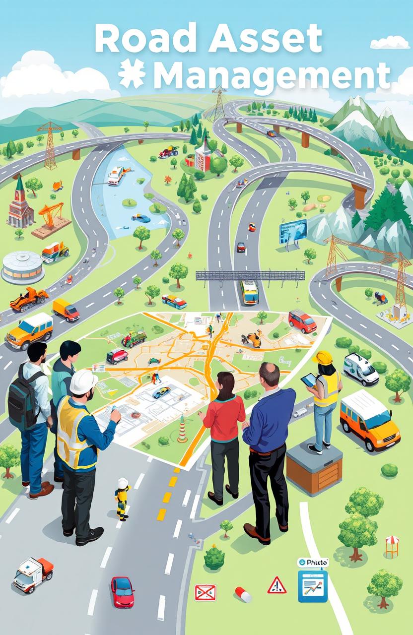 An informative and engaging illustration that captures the concept of 'road asset management'
