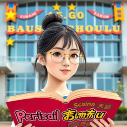 A beautiful school girl with a bun hairstyle, wearing thin oval frame glasses and with light skin