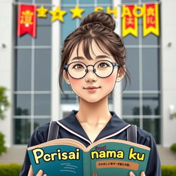 A beautiful school girl with a bun hairstyle, wearing thin oval frame glasses and with light skin