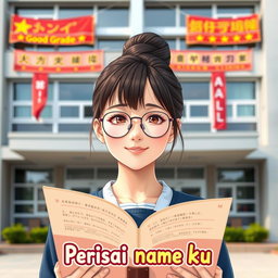 A beautiful school girl with a bun hairstyle, wearing thin oval frame glasses and with light skin
