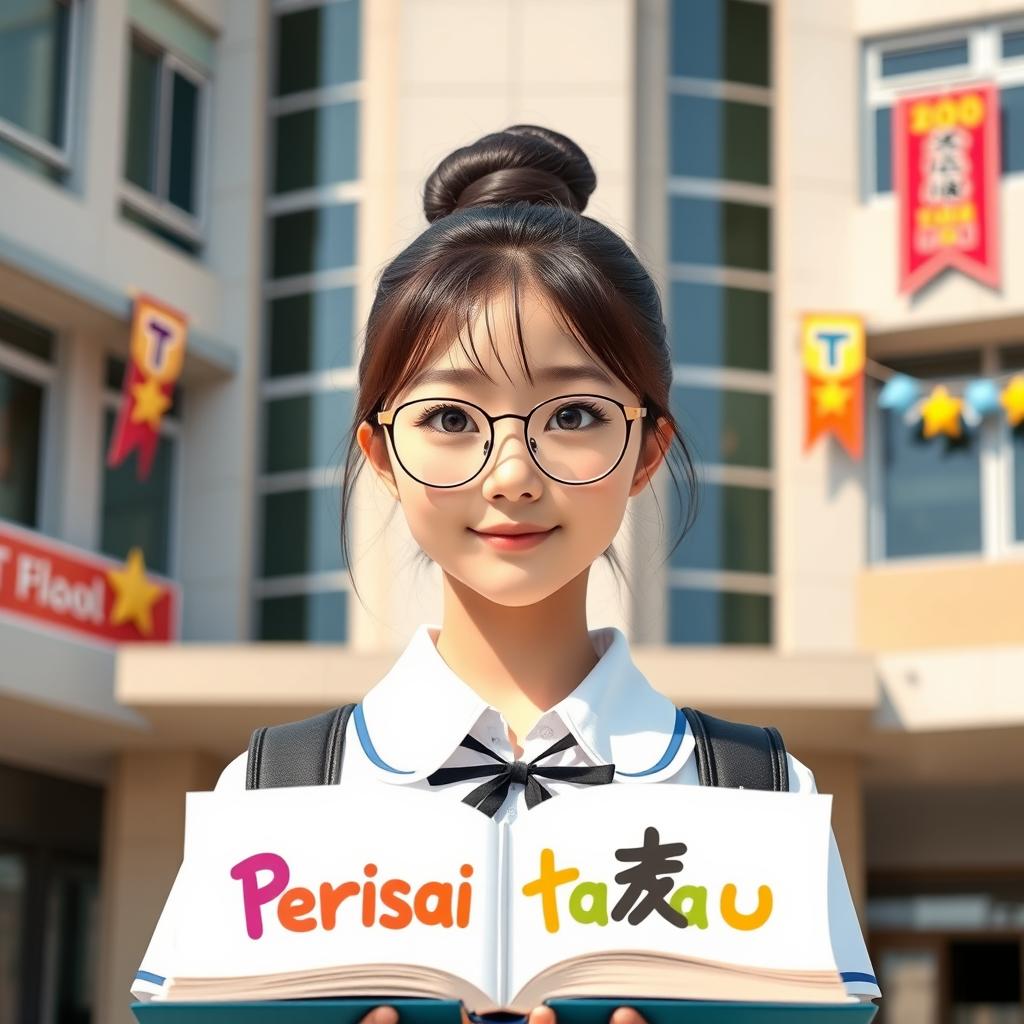 A beautiful school girl with a bun hairstyle, wearing thin oval frame glasses and with light skin