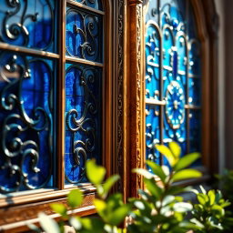 A close-up view of stunning blue windows with intricate designs, showcasing rich textures and patterns