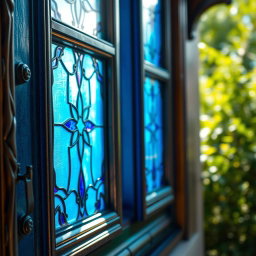 A close-up view of stunning blue windows with intricate designs, showcasing rich textures and patterns