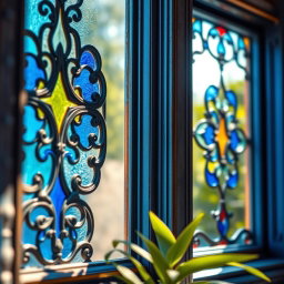 A close-up view of stunning blue windows with intricate designs, showcasing rich textures and patterns