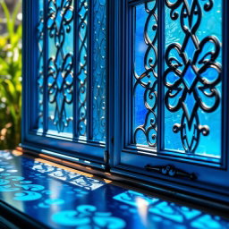 A close-up view of stunning blue windows with intricate designs, showcasing rich textures and patterns