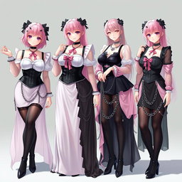 A mesmerizing scene featuring four realistic sexy gothic anime maid/slave girls, each exhibiting a flustered subtle smile with a soft blush on their cheeks