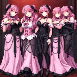 A mesmerizing scene featuring four realistic sexy gothic anime maid/slave girls, each exhibiting a flustered subtle smile with a soft blush on their cheeks