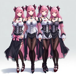 A mesmerizing scene featuring four realistic sexy gothic anime maid/slave girls, each exhibiting a flustered subtle smile with a soft blush on their cheeks