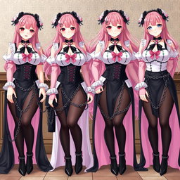 A mesmerizing scene featuring four realistic sexy gothic anime maid/slave girls, each exhibiting a flustered subtle smile with a soft blush on their cheeks