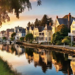 Generate a high resolution image of a picturesque summer sunset in a serene coastal town, with Victorian-style houses lining the streets and verdant trees reflecting the golden hues of the setting sun.