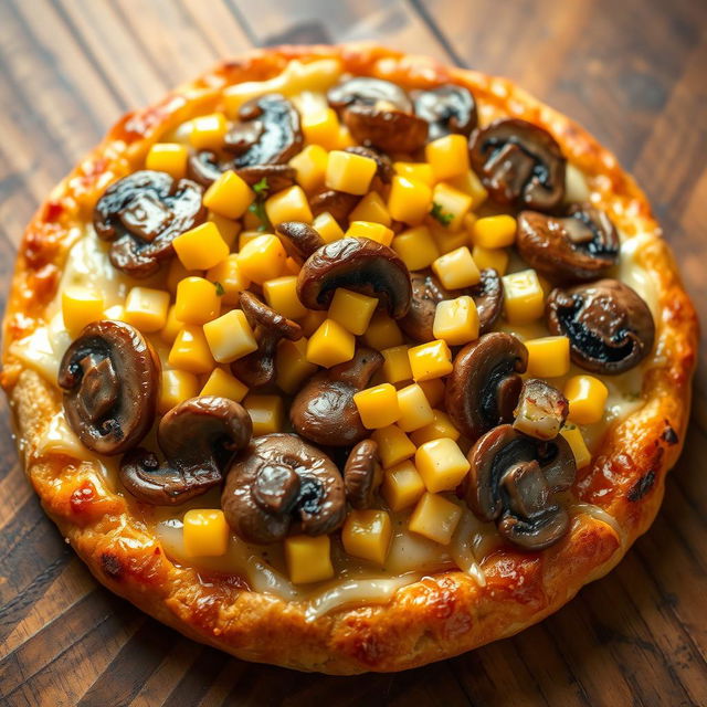 A delectable dish showcasing layers of mushrooms and sweet corn generously spread over a rich, cheesy crust