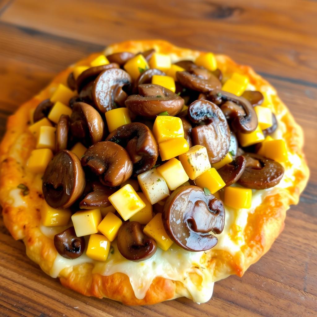 A delectable dish showcasing layers of mushrooms and sweet corn generously spread over a rich, cheesy crust