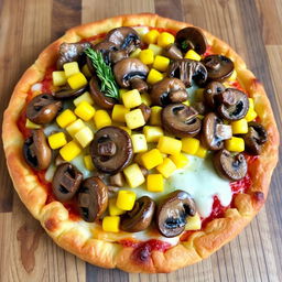 A delectable dish showcasing layers of mushrooms and sweet corn generously spread over a rich, cheesy crust