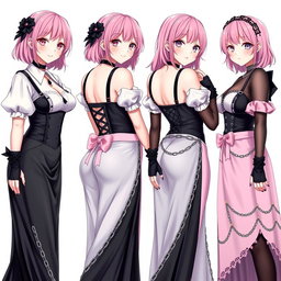 A captivating image of four realistic sexy gothic anime maid/slave girls, each displaying a flustered subtle smile with a gentle blush on their cheeks