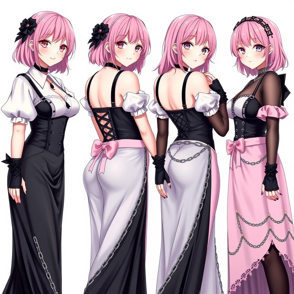 A captivating image of four realistic sexy gothic anime maid/slave girls, each displaying a flustered subtle smile with a gentle blush on their cheeks