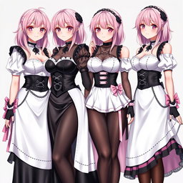A captivating image of four realistic sexy gothic anime maid/slave girls, each displaying a flustered subtle smile with a gentle blush on their cheeks