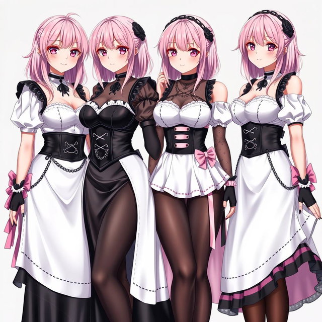 A captivating image of four realistic sexy gothic anime maid/slave girls, each displaying a flustered subtle smile with a gentle blush on their cheeks