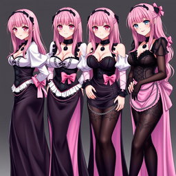 A captivating image of four realistic sexy gothic anime maid/slave girls, each displaying a flustered subtle smile with a gentle blush on their cheeks
