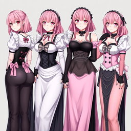 A captivating image of four realistic sexy gothic anime maid/slave girls, each displaying a flustered subtle smile with a gentle blush on their cheeks