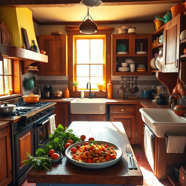 A vibrant and cozy kitchen setting, filled with rustic wooden cabinets, an antique stove, and a charming farmhouse sink