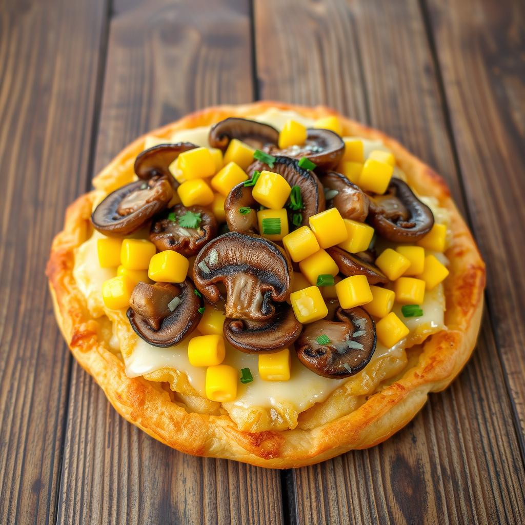 A beautifully presented dish featuring layers of sautéed mushrooms and sweet corn delicately arranged on a rich, cheesy crust