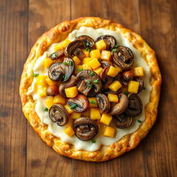 A beautifully presented dish featuring layers of sautéed mushrooms and sweet corn delicately arranged on a rich, cheesy crust