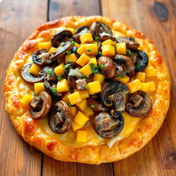 A beautifully presented dish featuring layers of sautéed mushrooms and sweet corn delicately arranged on a rich, cheesy crust