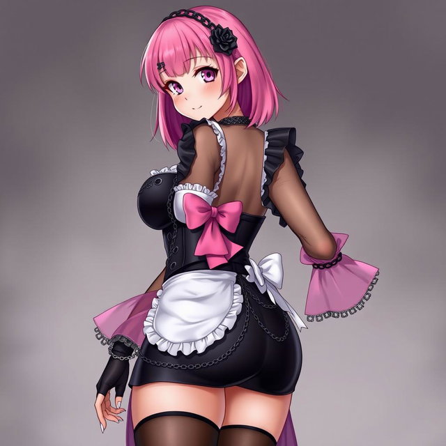An alluring image of a realistic sexy gothic anime maid/slave girl, displaying a flustered subtle smile complemented by a gentle blush on her cheeks