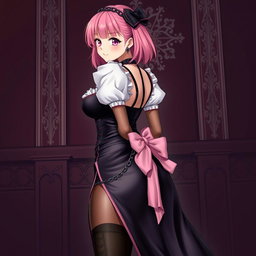 An alluring image of a realistic sexy gothic anime maid/slave girl, displaying a flustered subtle smile complemented by a gentle blush on her cheeks